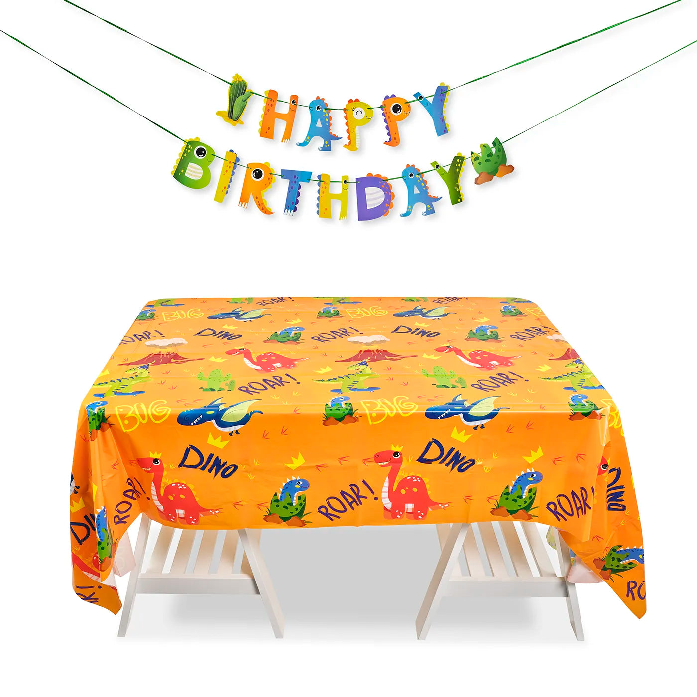 Kids Birthday Plastic Table Cloth measuring 130x220cm and Happy Birthday banner, bunting, paper garland with a fun Dinosaur Theme. 