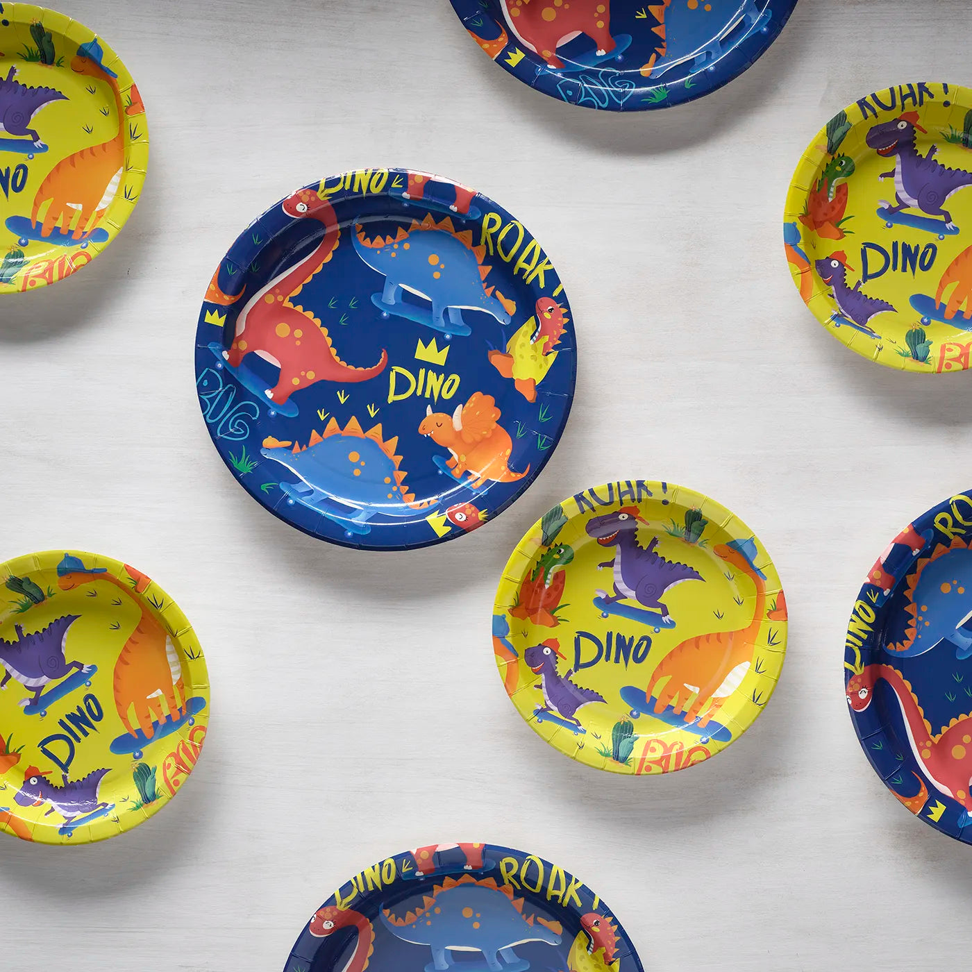 Kids Birthday Paper Plates, disposable tableware set for kids birthday party with a fun Dinosaur Theme. 
