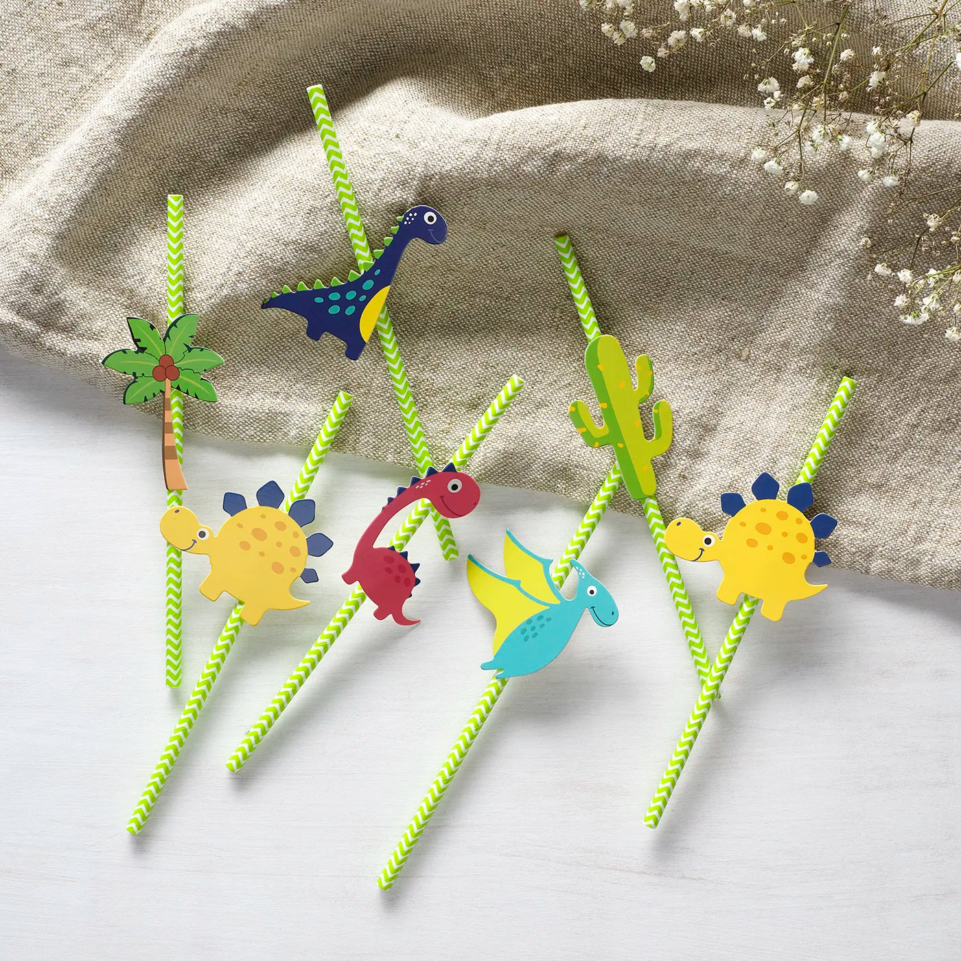 Kids Birthday Paper Straws and cups, decorative and disposable tableware set for kids birthday party with a fun Dinosaur Theme. 