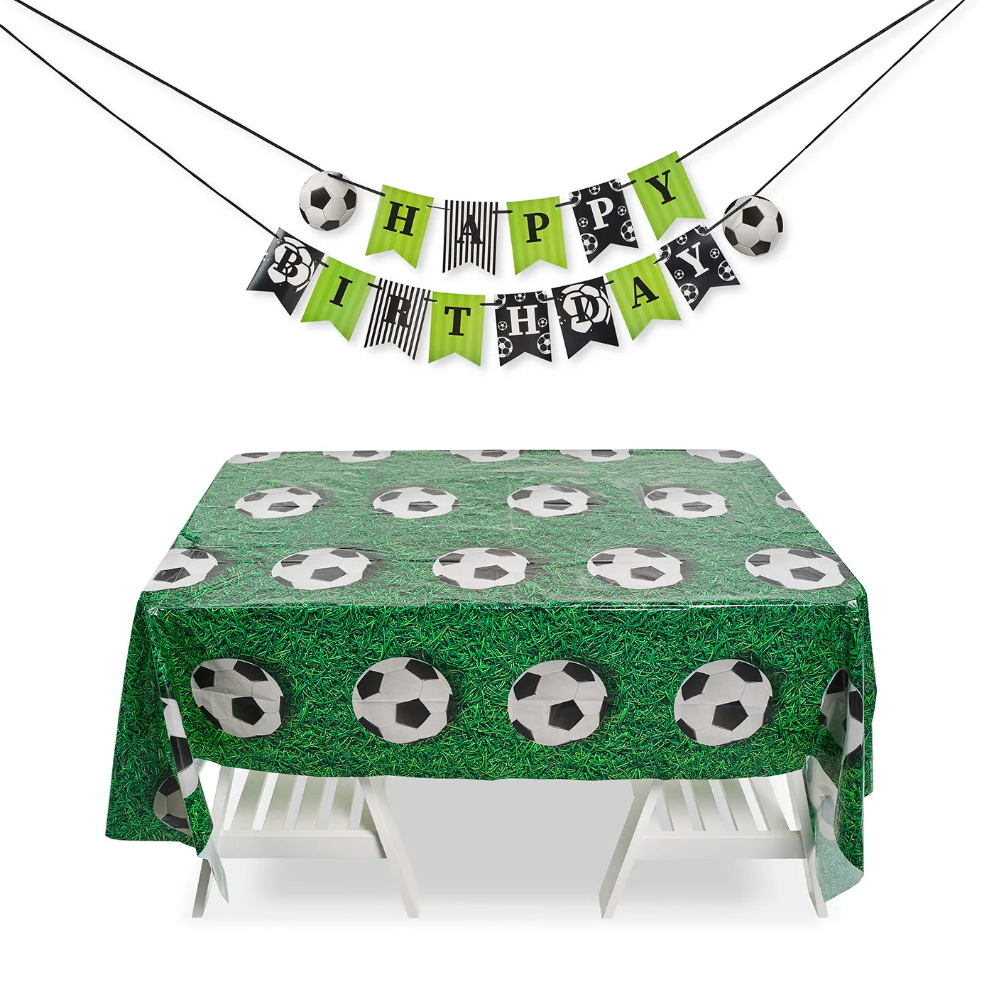 Kids Birthday Plastic Table Cloth measuring 130x220cm and Happy Birthday banner, bunting, paper garland with a fun Football Theme. 