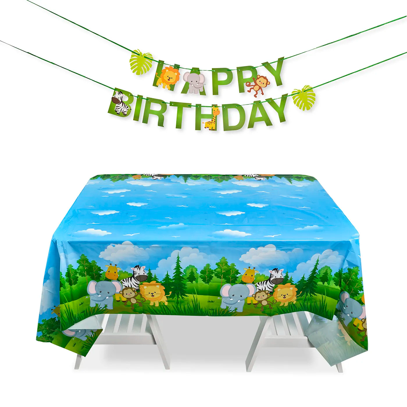 Kids Birthday Plastic Table Cloth measuring 130x220cm and Happy Birthday banner, bunting, paper garland with a fun Jungle Theme. 