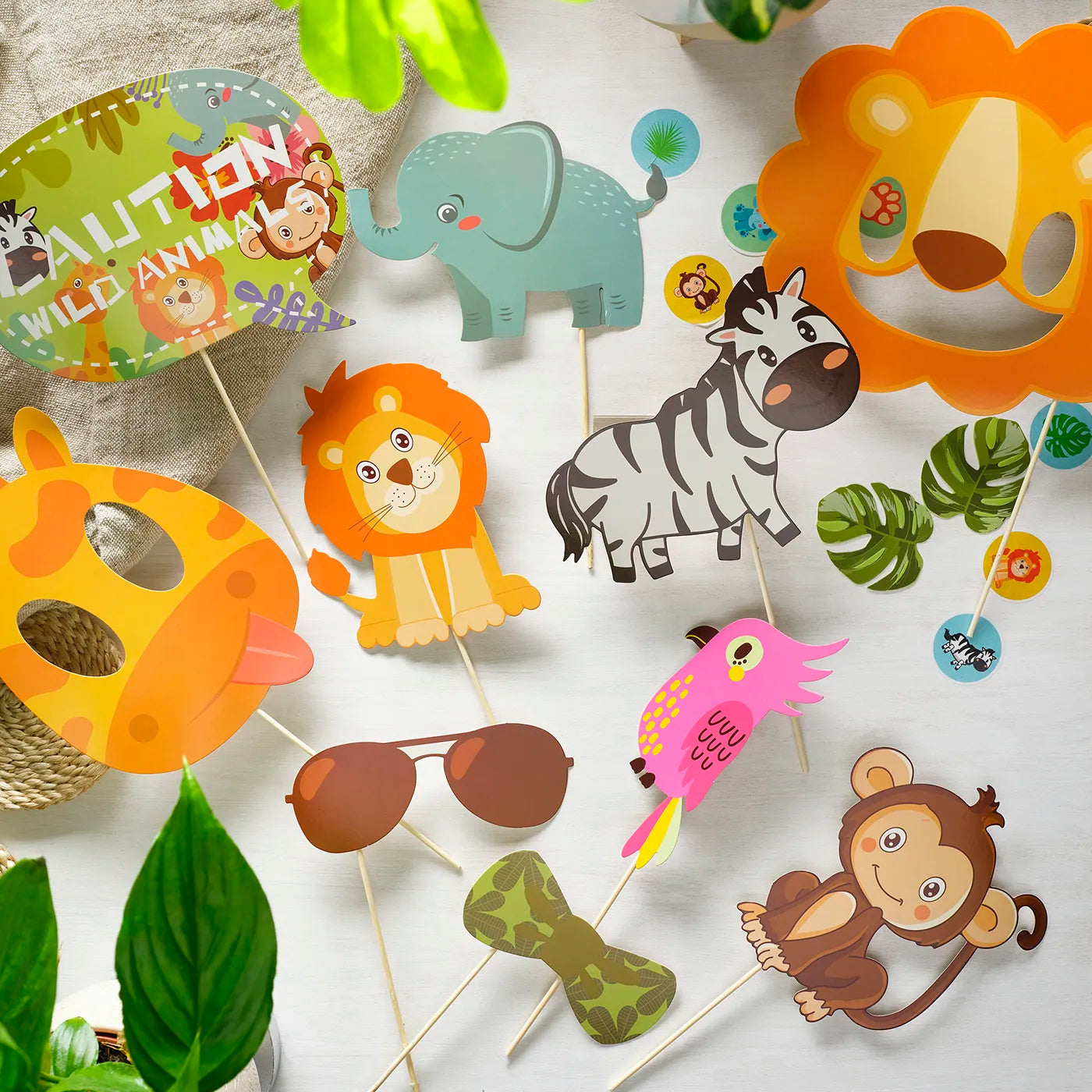 Kids Birthday Photo Booth Props x25pcs with a Jungle Theme. 