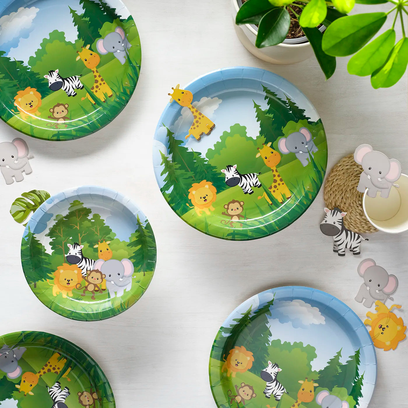 Kids Birthday Paper Plates, disposable tableware set for kids birthday party with a fun Jungle Theme. 