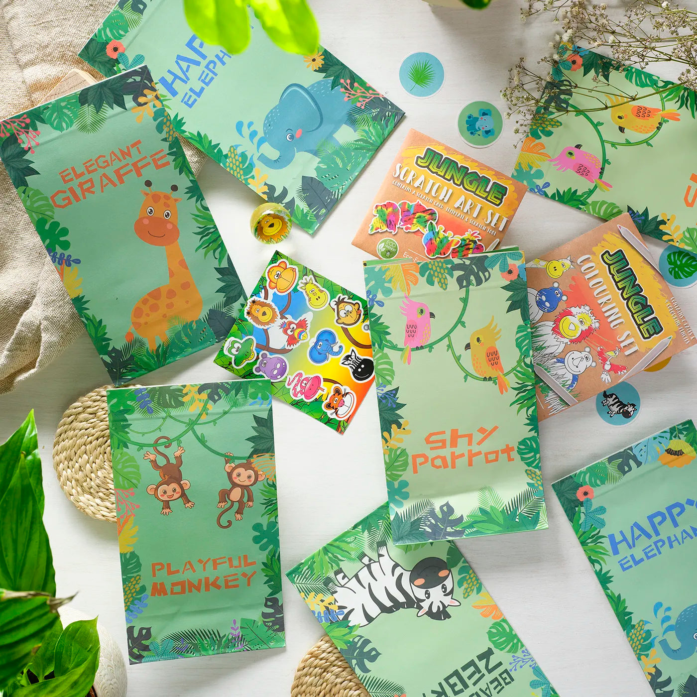 Kids Birthday Paper Party Bags with a Jungle Theme. Includes stickers and children’s Party Gifts inside.