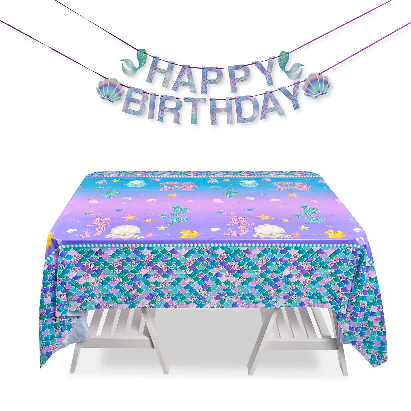 MERMAID theme - kids party Table Cover - Under-the-Sea Party Decorations measuring 130x220cm Plastic Table Cloth and Happy Birthday banner, bunting, paper garland.