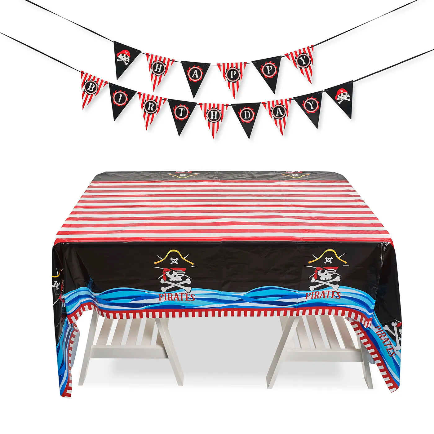 Kids Birthday Plastic Table Cloth measuring 130x220cm and Happy Birthday banner, bunting, paper garland with a fun Pirate Theme. 