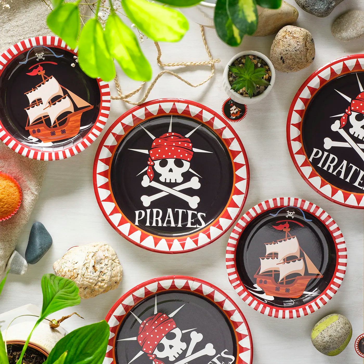 Kids Birthday Paper Plates, disposable tableware set for kids birthday party with a fun Pirate Theme.