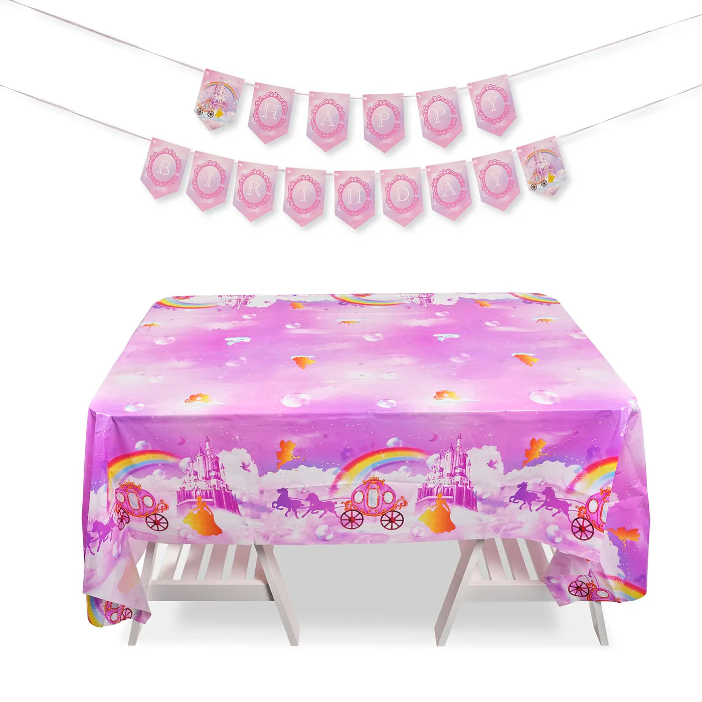 Kids Birthday Plastic Table Cloth measuring 130x220cm and Happy Birthday banner, bunting, paper garland with a fun Princess Theme. 
