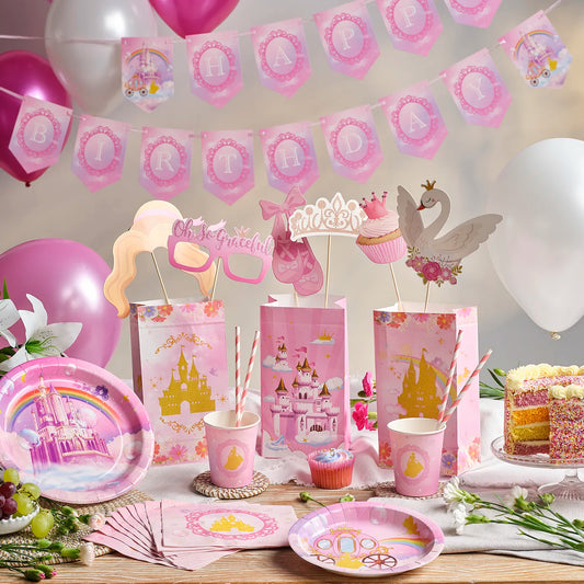 Kids Birthday Party Pack with a Princess Theme. Includes a plastic Table Cloth, Paper Cups and Napkins, Paper Decorative Straws, Disposable Paper Plates, Photo Booth Props x25pcs, Happy Birthday Bunting Banner, fun Stickers and Paper Party Bags with Gifts inside, Party Balloons, Kids Party Games.
