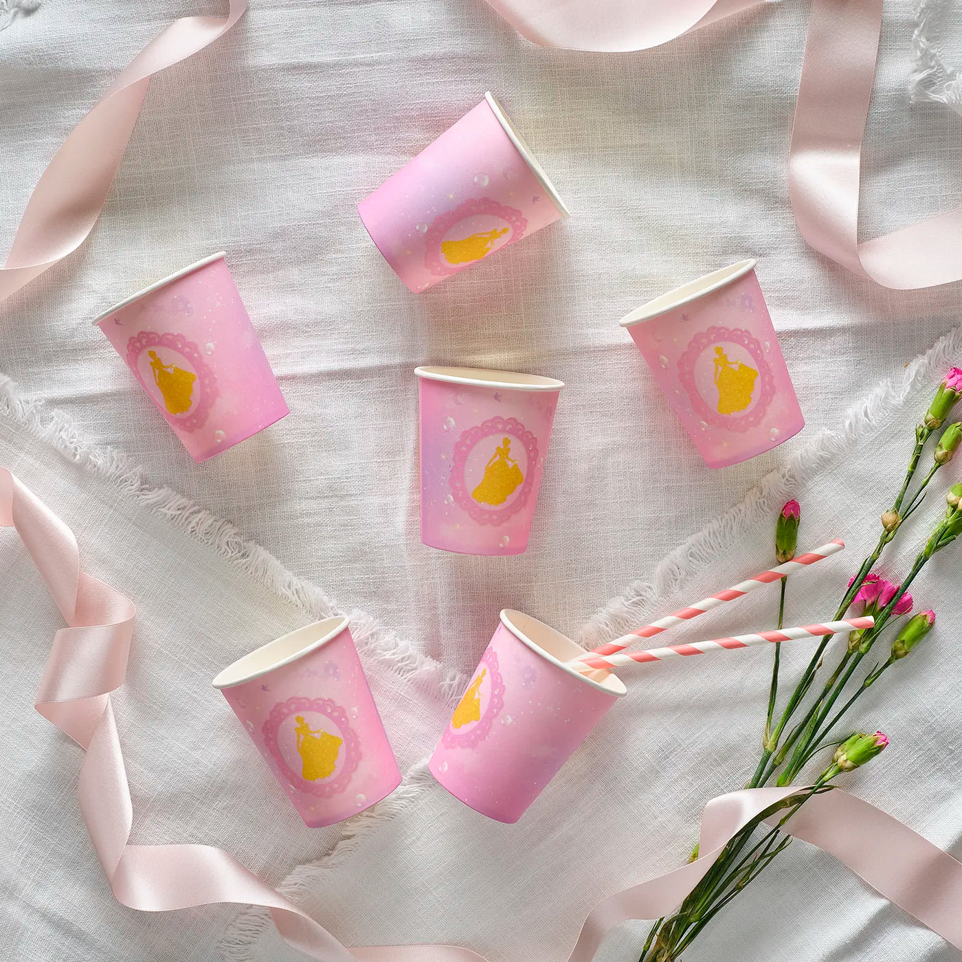 Kids Birthday Paper Straws and cups, decorative and disposable tableware set for kids birthday party with a fun Princess Theme. 