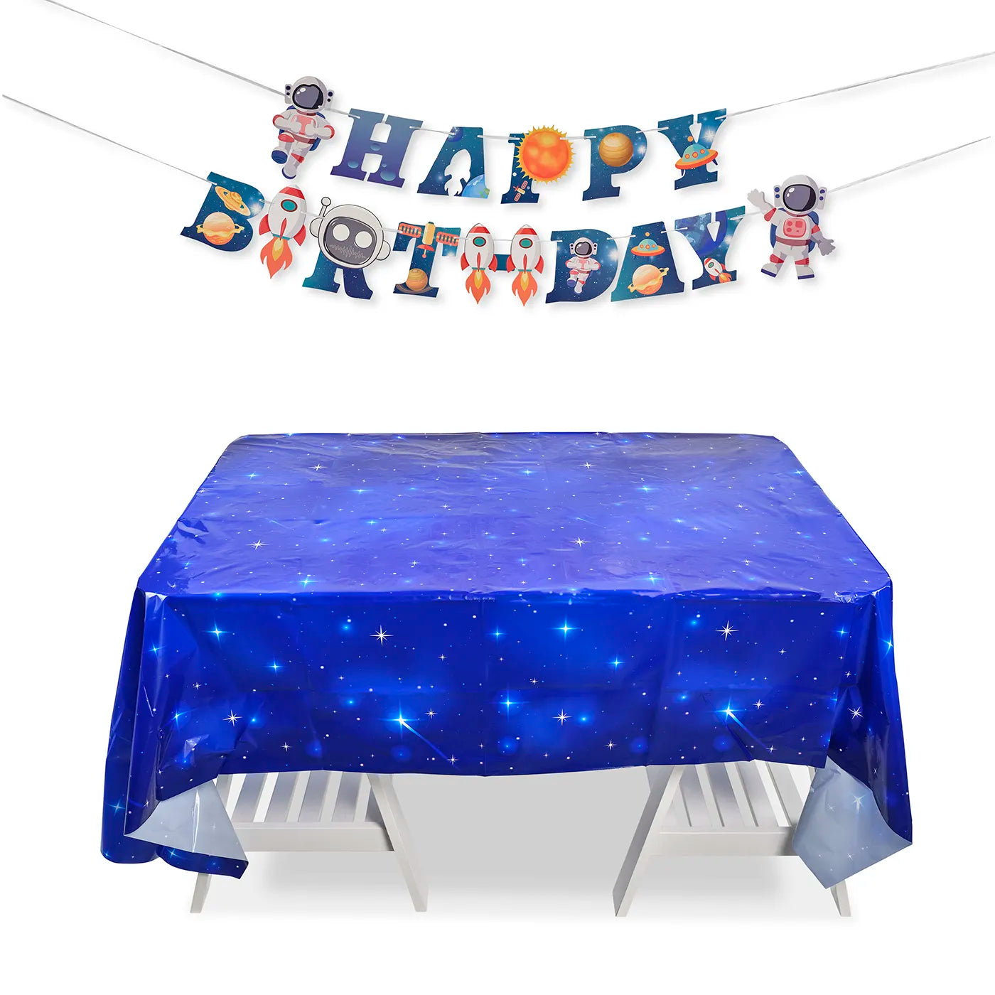 Kids Birthday Plastic Table Cloth measuring 130x220cm and Happy Birthday banner, bunting, paper garland with a fun Space Theme. 