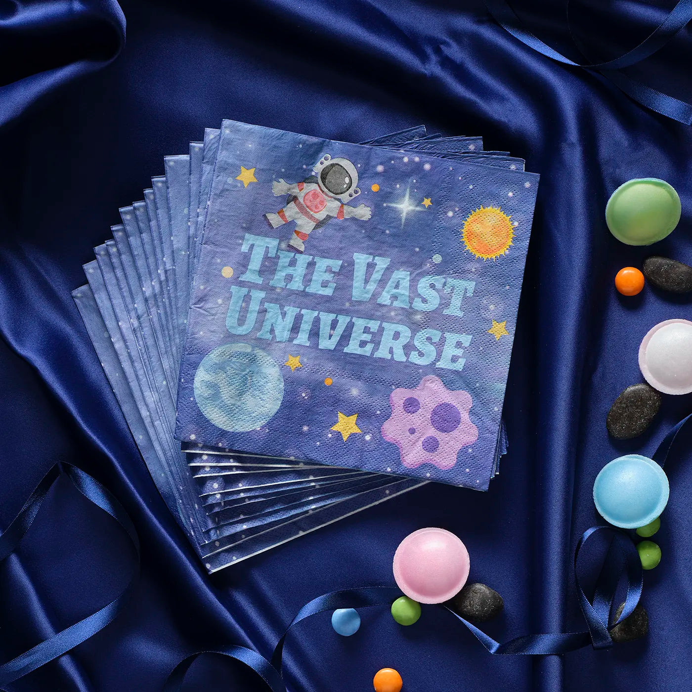 Kids Birthday Napkins, disposable tableware set for kids birthday party with a fun Space Theme. 