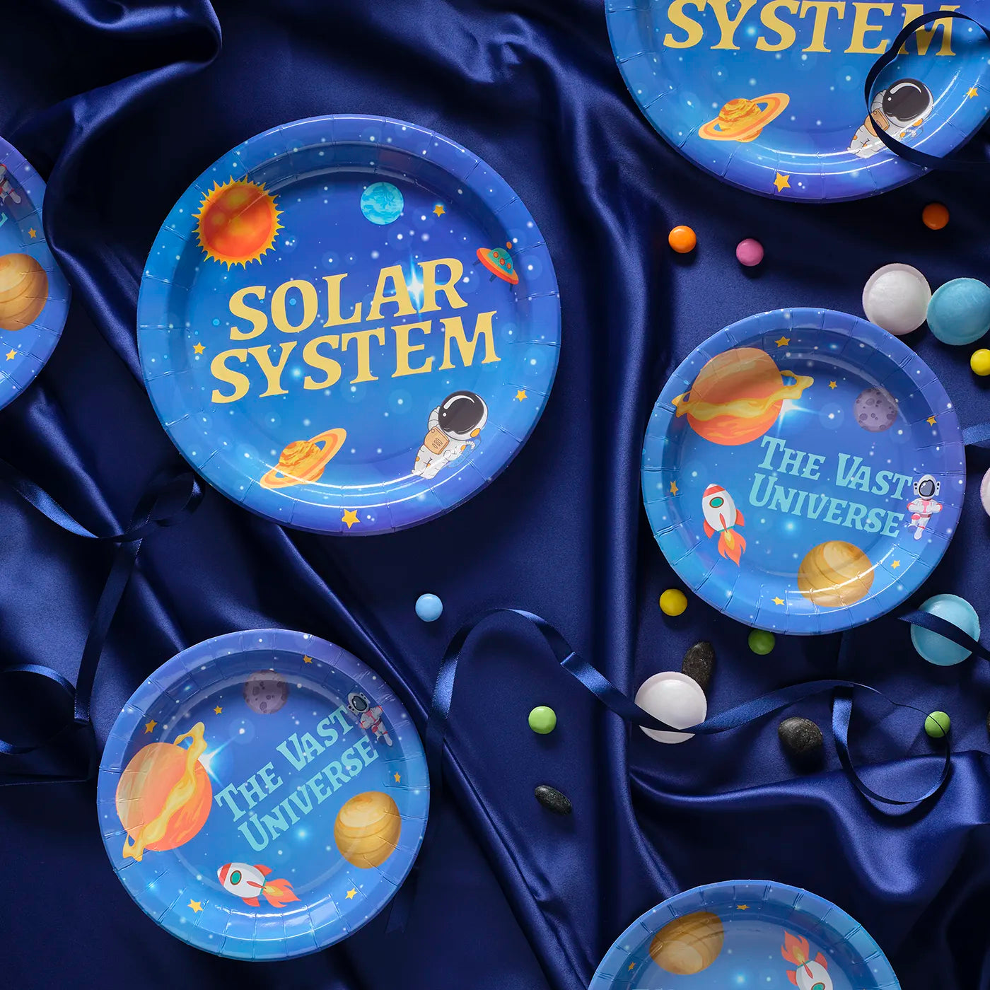 Kids Birthday Paper Plates, disposable tableware set for kids birthday party with a fun Space Theme. 