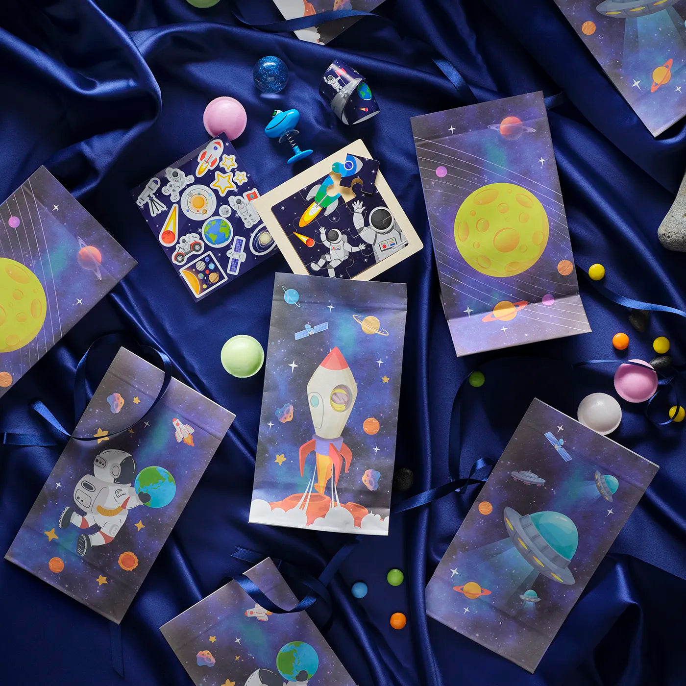 Kids Birthday Paper Party Bags with a Space Theme. Includes stickers and children’s Party Gifts inside.