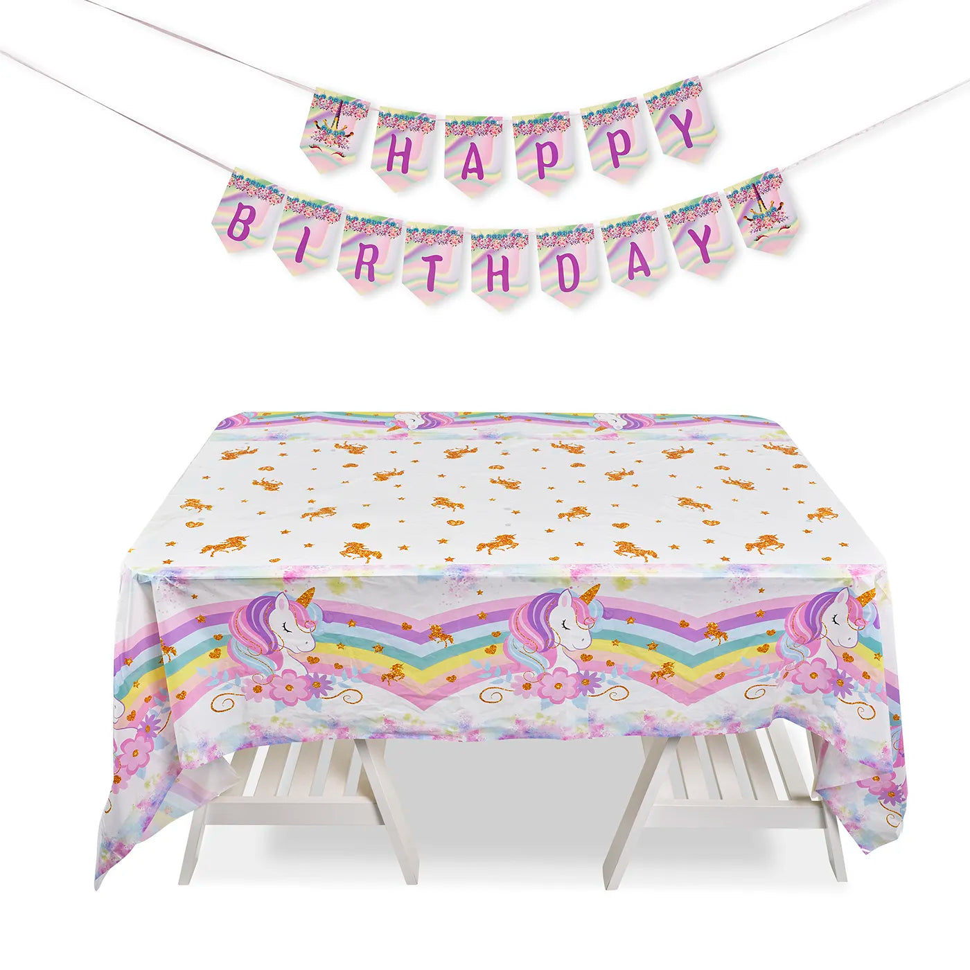 Kids Birthday Plastic Table Cloth measuring 130x220cm and Happy Birthday banner, bunting, paper garland with a fun Princess Theme. 