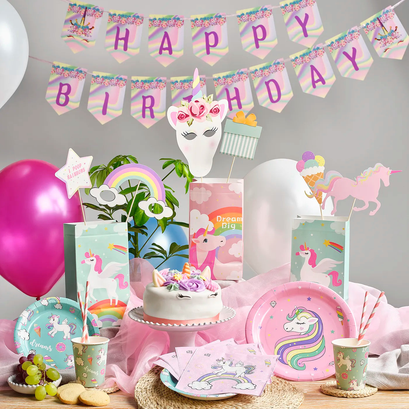 Kids Birthday Party Pack with a Princess Theme. Includes a plastic Table Cloth, Paper Cups and Napkins, Paper Decorative Straws, Disposable Paper Plates, Photo Booth Props x25pcs, Happy Birthday Bunting Banner, fun Stickers and Paper Party Bags with Gifts inside, Party Balloons, Kids Party Games.
