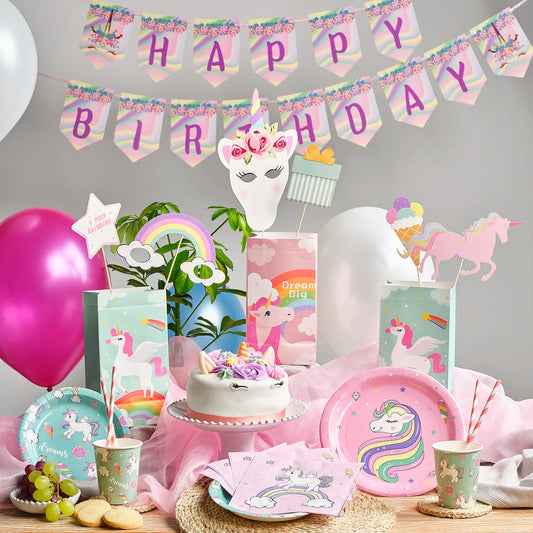 Kids Birthday Party Pack with a Princess Theme. Includes a plastic Table Cloth, Paper Cups and Napkins, Paper Decorative Straws, Disposable Paper Plates, Photo Booth Props x25pcs, Happy Birthday Bunting Banner, fun Stickers and Paper Party Bags with Gifts inside, Party Balloons, Kids Party Games.