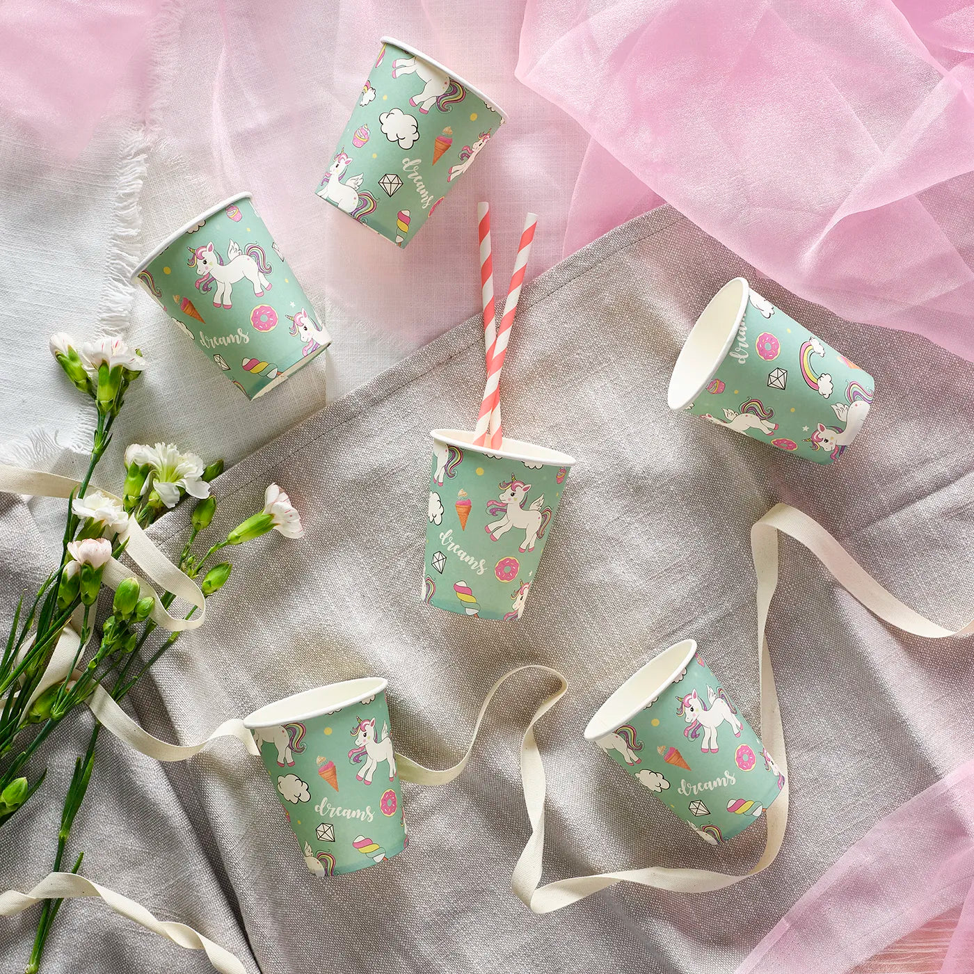 Kids Birthday Paper Straws and cups, decorative and disposable tableware set for kids birthday party with a fun Princess Theme. 