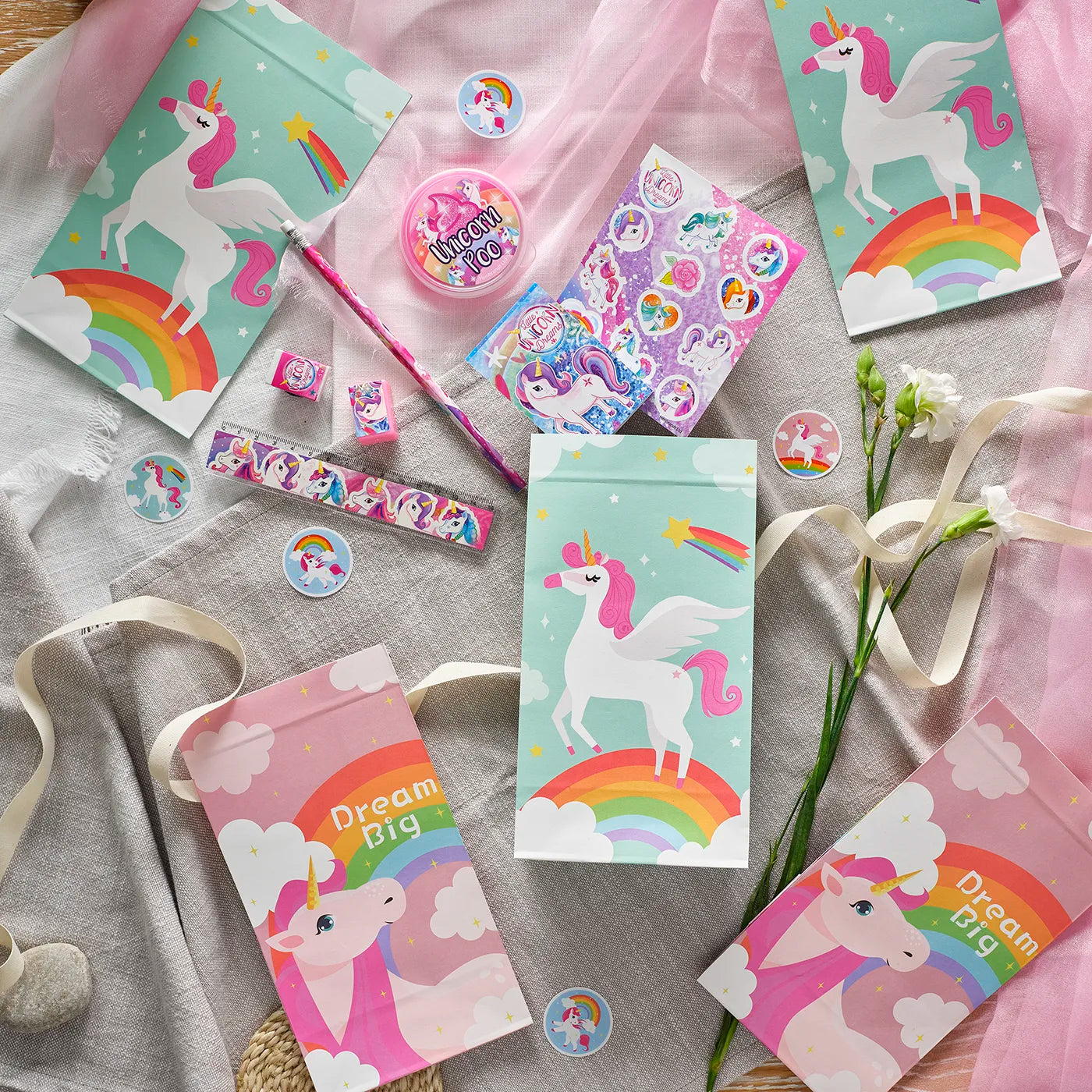 Kids Birthday Paper Party Bags with a Princess Theme. Includes stickers, ruler, rubber and other children’s Party Gifts inside.