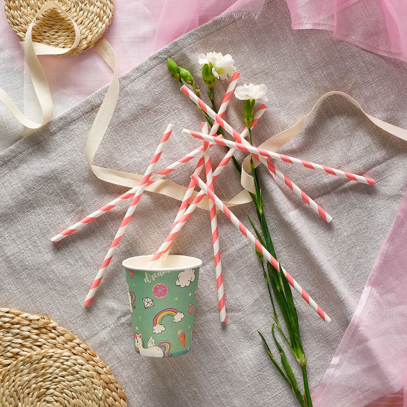 Kids Birthday Paper Straws and cups, decorative and disposable tableware set for kids birthday party with a fun Princess Theme. 